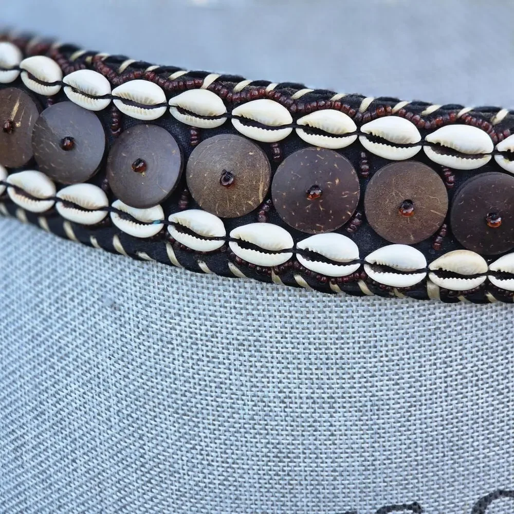 Handmade Boho Cowrie Shell & Coconut Shell Leather Tie Belt